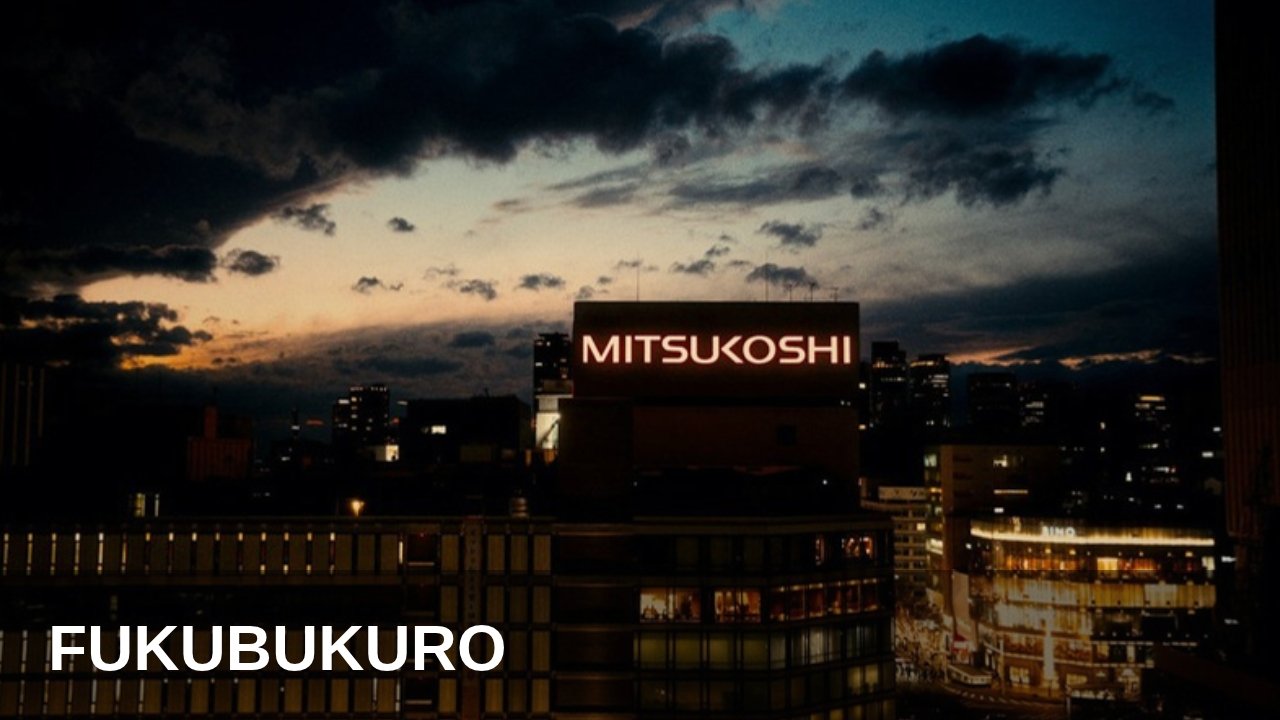 Mitsukoshi department store building lit up at dusk in Tokyo