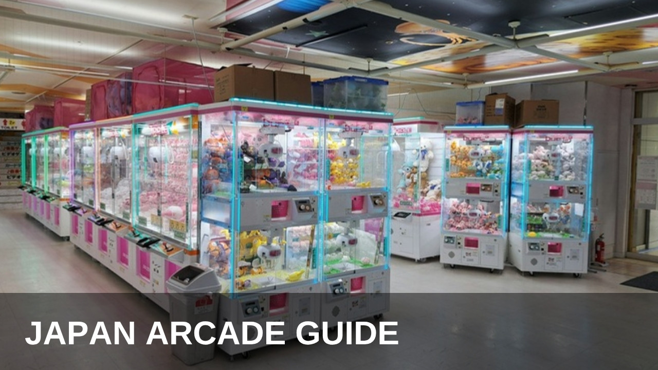 Crane game machines filled with prizes inside a Japanese game center