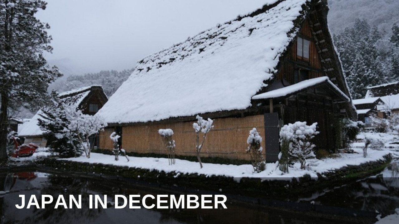Snow-covered traditional houses in a Japanese village in winter