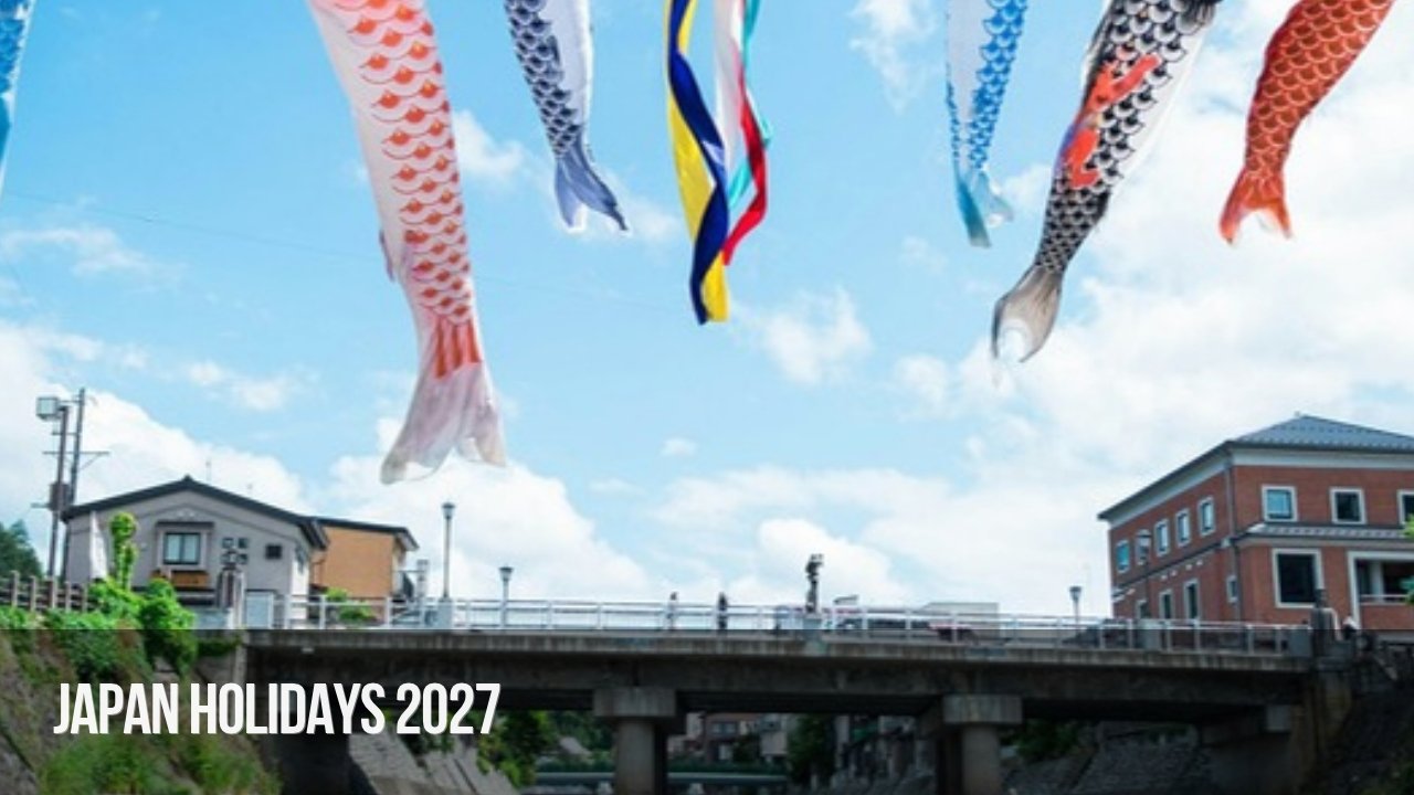 Koinobori carp streamers flying over a river in Japan