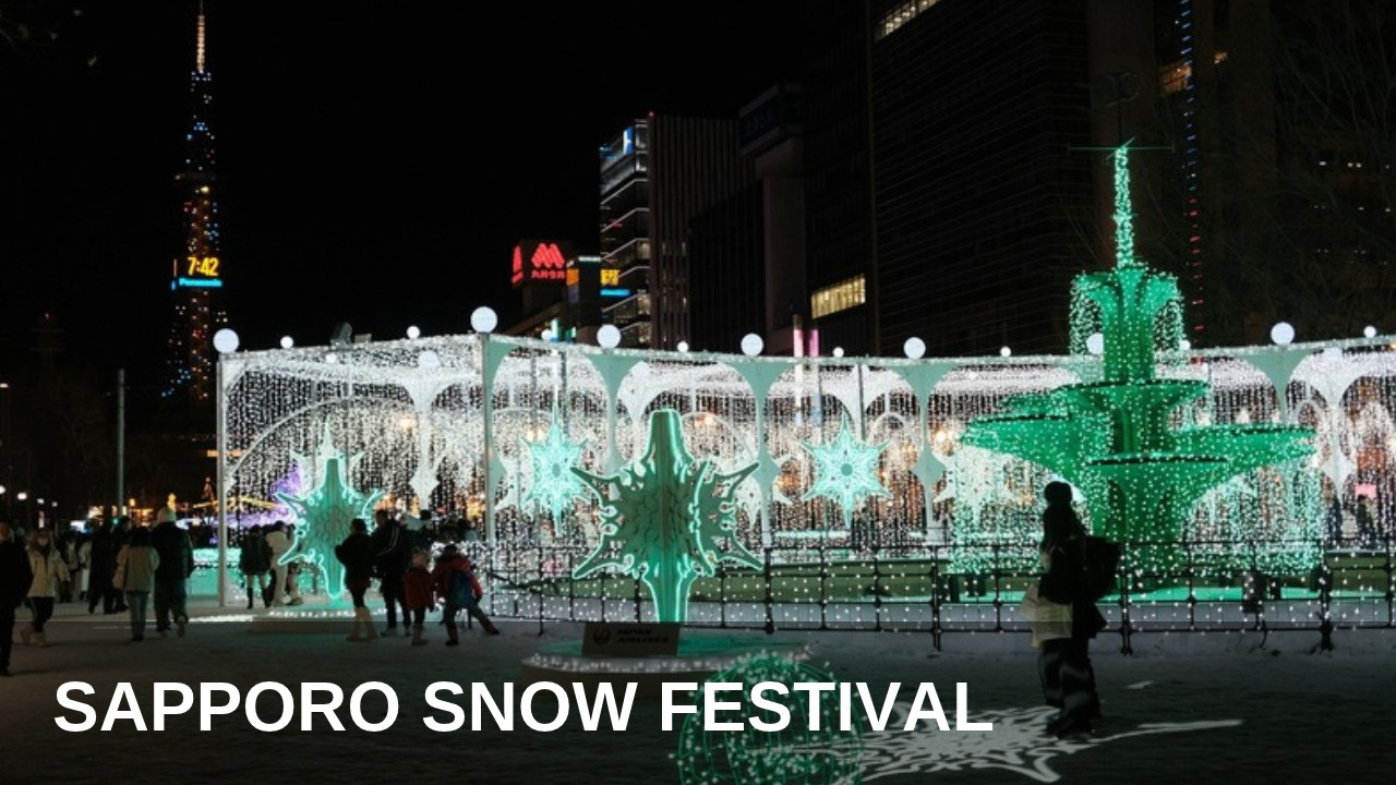 Odori Park in Sapporo lit up on a winter night with the Sapporo TV Tower