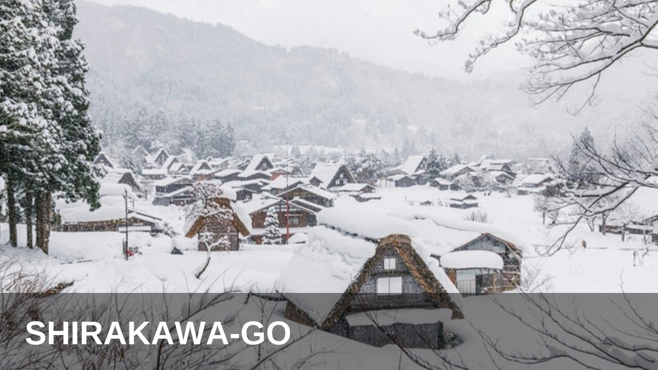 Snow-covered gassho-zukuri farmhouses in Shirakawa-go