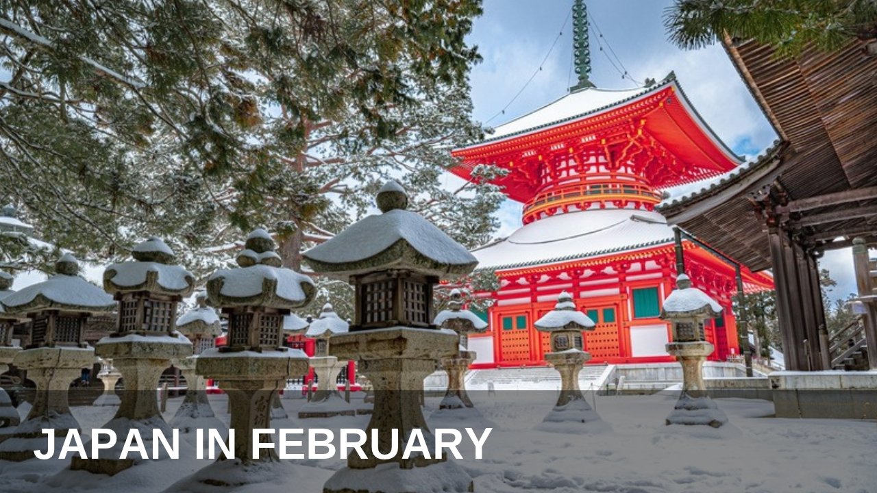 Red Japanese temple surrounded by snow-covered trees