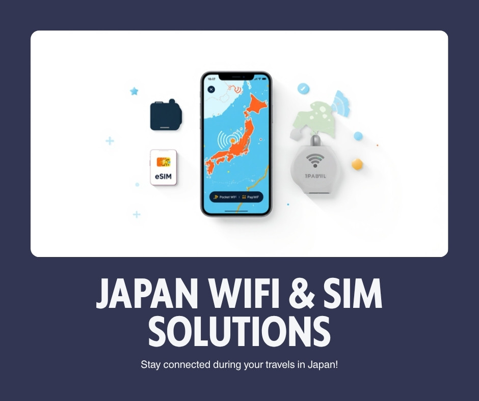 Smartphone with Japan map and SIM card and pocket WiFi device