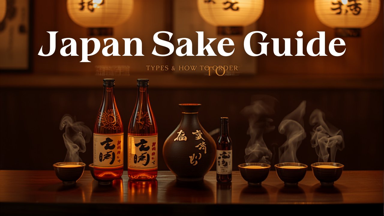 Japanese sake bottle and ceramic cups with rice wine poured