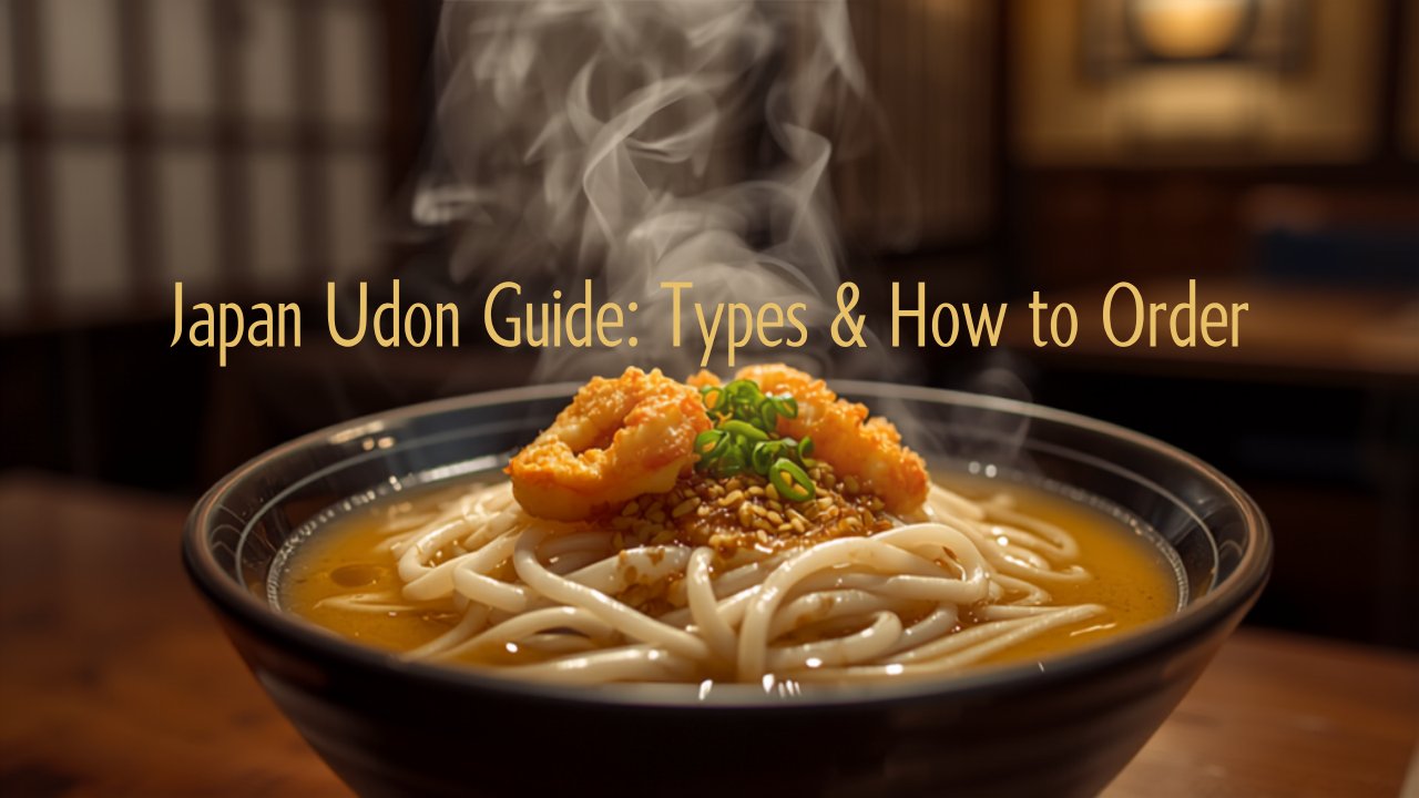 Bowl of udon noodles in dashi broth with tempura toppings Japan